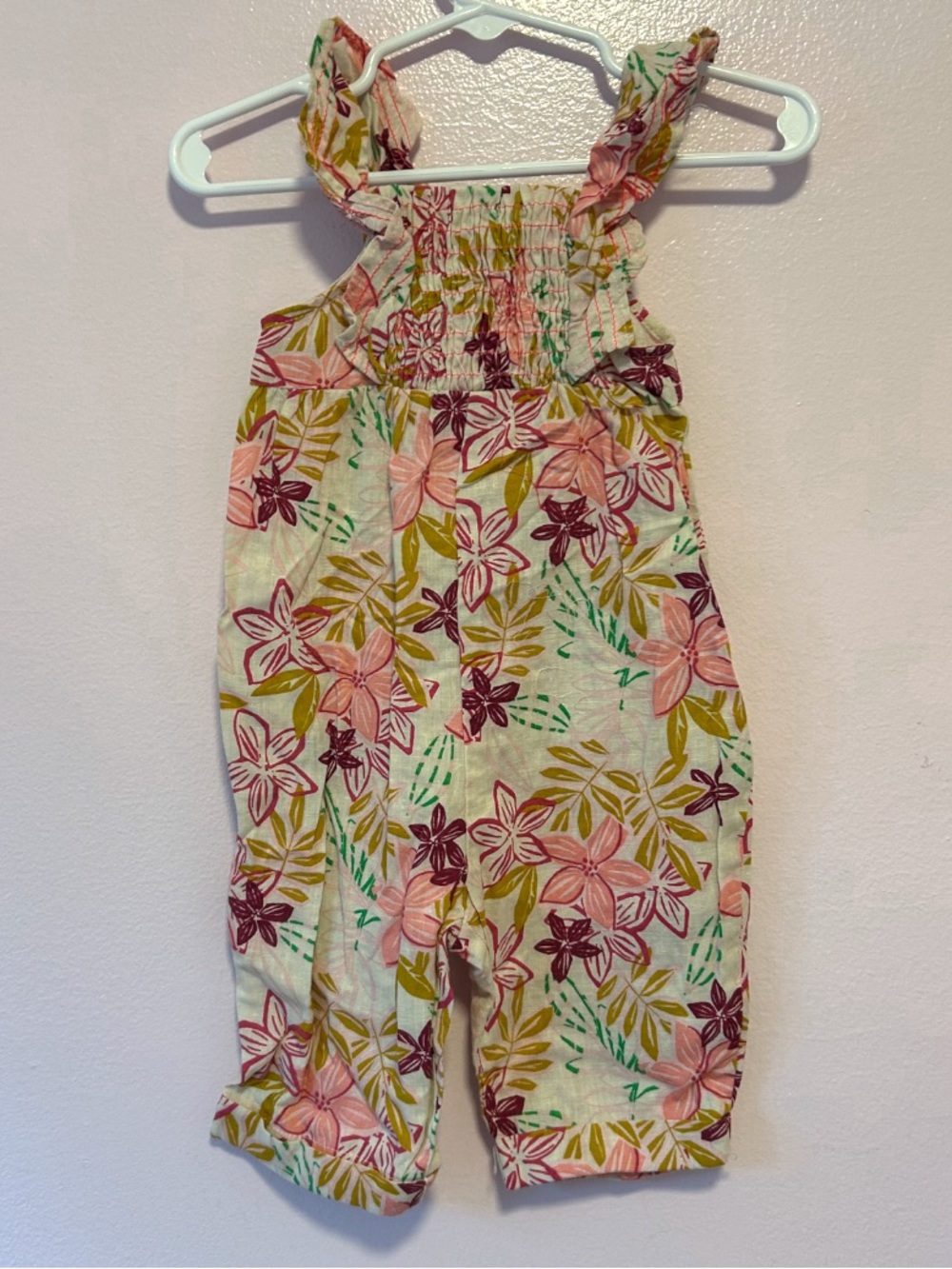 Zara Cream and Pink Tropical Flower Linen Blend Jumpsuit Sz 6-9 Mo
